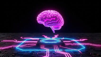 Glowing Brain Above Computer Chip
