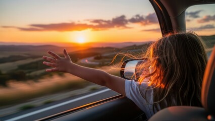Child arms out car window sunset