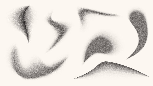 Abstract grain texture elements, flowing wave gradients and dynamic dotted pattern. Black and white fluid grain effect with stipple sand dots and smooth airbrush fade strokes