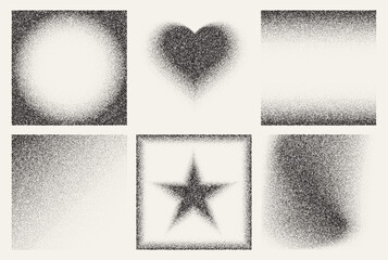 Fototapeta na wymiar Grainy gradient texture square frames with vintage noise or spray effect and abstract dust patterns on white background. Vector illustration, grunge borders, star and heart for retro design