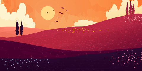 Obraz premium Autumn mountain valley or meadow, rolling hills under sunset sky, vector illustration. Natural fall season landscape in evening, background with dried orange grass fields,downing sun and flying birds