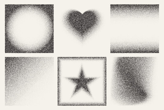 Grainy gradient texture square frames with vintage noise or spray effect and abstract dust patterns on white background. Vector illustration, grunge borders, star and heart for retro design