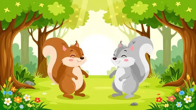 Animated squirrels smiling in sunlit forest clearing. Happy, playful animal friendship, cartoon style. Ideal for children's books or cards.