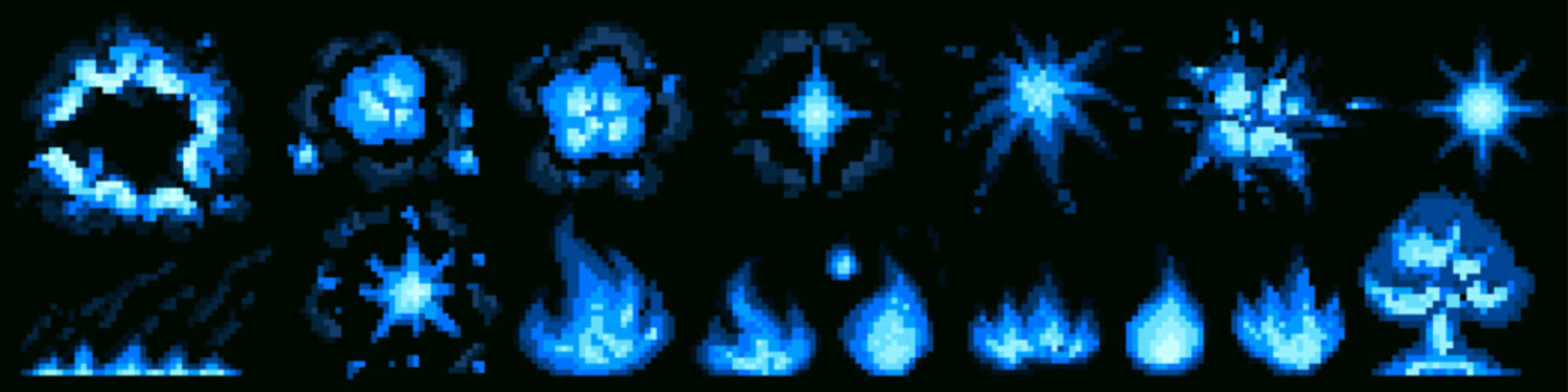 Retro 8-bit pixel explosion with vibrant blue fire effect isolated on black bg. Vector illustrations of classic arcade game design, vintage computer animation, nostalgic video game blast icons.