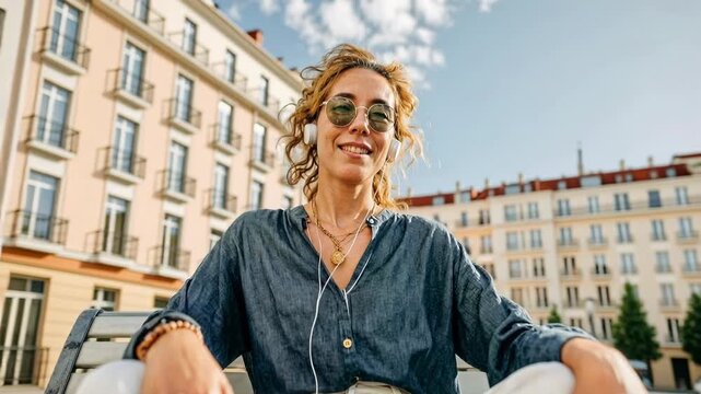 Relaxed middle aged woman sitting outdoors in city square enjoying sunlight calm confidence and personal freedom representing wellbeing mindfulness and balance in everyday urban life