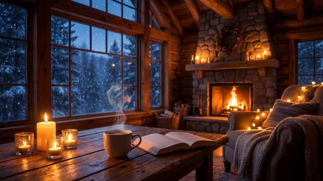 Warm drink and open book by the fire in cozy cabin during snowy evening