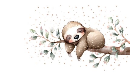 Obraz premium Watercolor Illustration Cute Baby Sloth Sleeping on Tree Branch Watercolor Illustration. Whimsical Nursery Art and Wildlife Concept. Sleeping sloth on a tree branch with a celestial pastel background