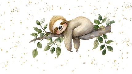 Obraz premium Watercolor Illustration Cute Baby Sloth Sleeping on Tree Branch Watercolor Illustration. Whimsical Nursery Art and Wildlife Concept. Sleeping sloth on a tree branch with a celestial pastel background