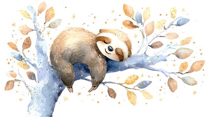 Obraz premium Watercolor Illustration Cute Baby Sloth Sleeping on Tree Branch Watercolor Illustration. Whimsical Nursery Art and Wildlife Concept. Sleeping sloth on a tree branch with a celestial pastel background