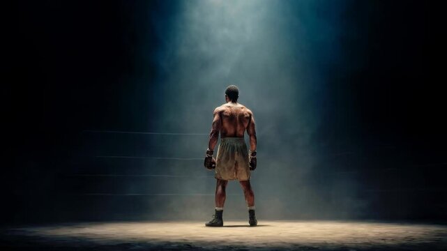Lone figure standing in dramatic spotlight surrounded by darkness expressing solitude resilience courage and personal struggle in symbolic atmospheric scene