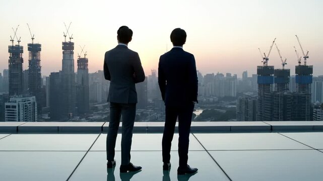 Businessman and peer stand on rooftop. Man and colleague in suit face city skyline. Skyscraper and construction crane rise beyond horizon. Sunset light frames silhouette of business vision. Market