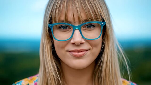 Young Woman Wearing Blue Eyeglasses Smiling Outdoors.