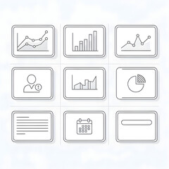 Clean line icons representing data analysis, business reports, and scheduling for modern presentations. isolated on white background