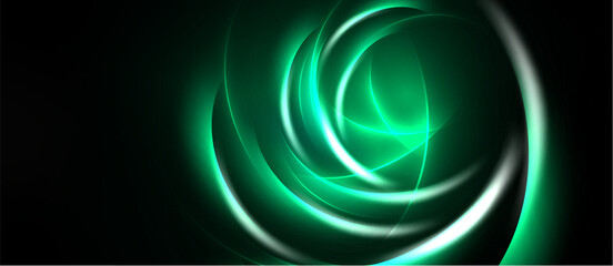 Naklejka premium Abstract swirls, vibrant green hues, dark background. Dynamic energy radiates from central glowing form. Smooth curves create captivating visual effect.