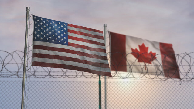 Canada USA waving flags with barbed wire border