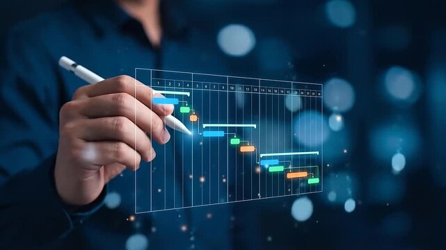 Businessman Analyzing Project Data Using Digital Gantt Chart for Improved Planning and Management