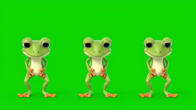 Three comical cartoon frogs standing, facing forward, against a bright green screen. Cute animal concept, studio shot. Playful CGI, vibrant and fun.