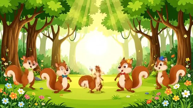 Dancing Squirrels, Cartoon Style, Forest Scene Happy animals in nature, dancing, playing, celebrating friendship, light, trees, flowers, cheerful.