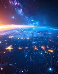 A vibrant, cosmic scene of Earth with illuminated city lights