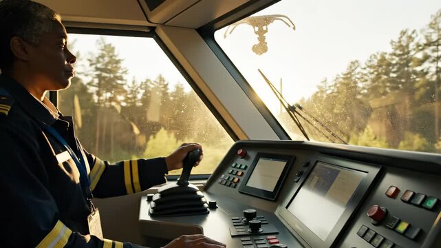Female train driver operates modern train from cabin. Woman controls speed with lever. Driver driving train looks ahead. Woman driving public transport. Professional train driver in uniform works.