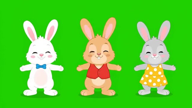 Three cheerful cartoon bunnies standing against a green screen background. Cute rabbits wearing clothes, joyful, fun, and festive Easter theme.