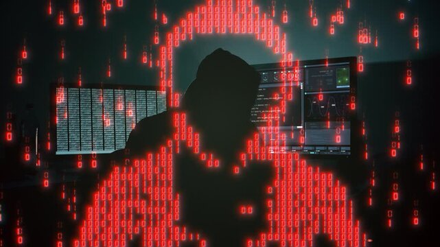 Cyber hacker silhouette with binary code and computer screens