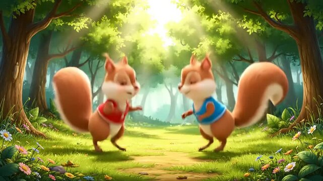 Two squirrels dancing together in a forest, sunny day, cute style, cartoon style, woodland creatures, friendship, fantasy, cartoonish, light