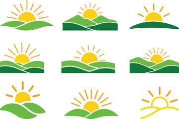 Minimal sunrise or sunset over hills clean landscape nature morning scene icon set