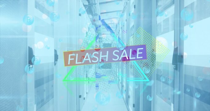 Animation of flash sale text over abstract neon shapes and bitcoin symbols against server room