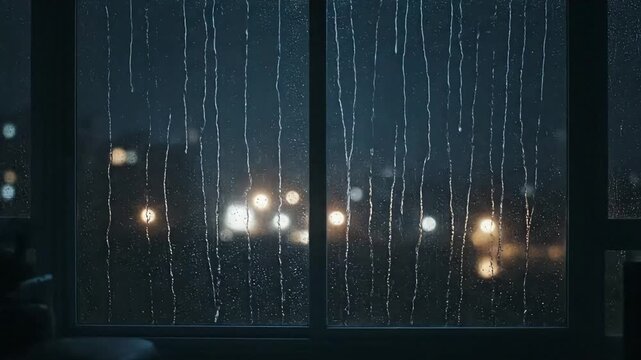Rainy Window Night Ambience Stock Footage City Lights Reflection Raindrops Mood Rain Calm Relax Dark Weather Bad Tranquil Scene