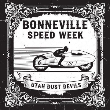 Racing motorcycle illustration with rider in action, Bonneville Speed Week event, Utah Dust Devils team, vector graphics, ornate frame