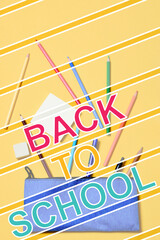 Vertical shot. School supplies, various accessories in full color, back to school, zenith view.