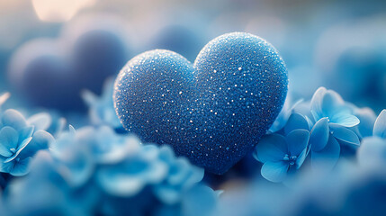 Fototapeta premium A blue heart covered with small droplets and glitter lies among delicate blue flowers on a soft, blurred background.