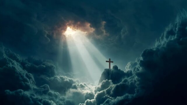 Dramatic religious scene with cross illuminated by heavenly light breaking through dark clouds symbolizing faith hope redemption salvation and spiritual awakening