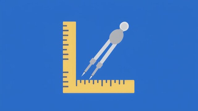 Blue background with yellow ruler and compass geometry set animation. Minimalist 2D vector flat design representing math, engineering, education, and technical drawing tools.
