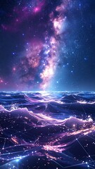 A vibrant cosmic scene with stars and galaxies over a wavy, glowing landscape