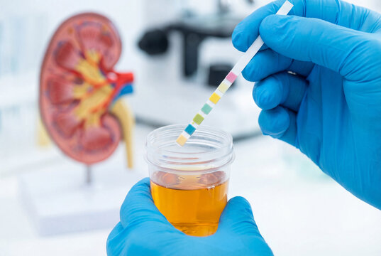 Healthcare professional performs urinalysis with a dipstick, checking a urine sample for kidney health and disease diagnosis. Medical lab background with kidney model