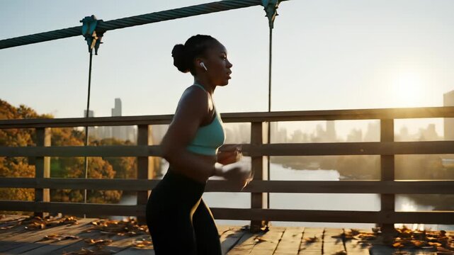 Woman runs on bridge during sunset with city skyline view. Female athlete jogging outdoors wearing earbuds. Woman running on bridge at sunrise. Runner training with city skyline during sunset jog.