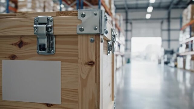 Wooden shipping crate with metal hardware sits in warehouse with packed shelves and concrete floor, logistics