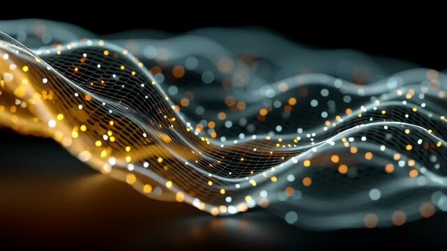 Abstract digital wave pattern showcasing a dynamic mesh grid interwoven with undulating lines of glowing orange and white dots. the composition evokes a sense of motion and innovation, suitable for te