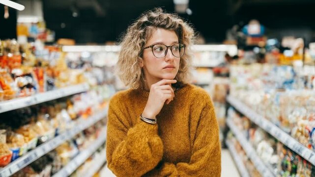 Thoughtful woman standing in supermarket aisle contemplating purchase choices symbolizing consumer decision making lifestyle and modern shopping behavior