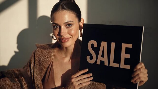 Stylish woman holding sale sign in studio light representing online shopping promotion advertising fashion marketing and modern consumer culture with confident attitude