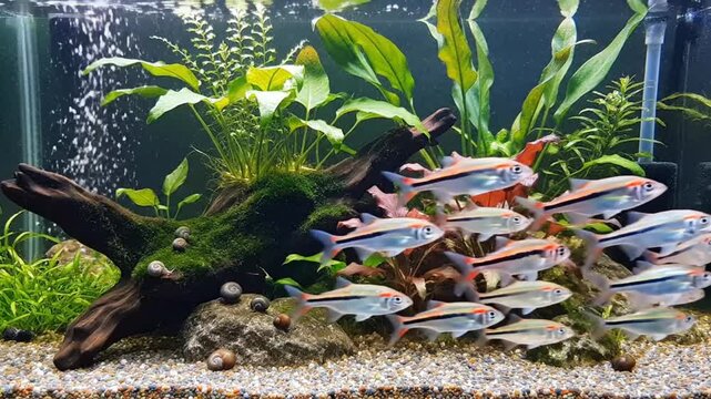 School of slender silver tetra fish swimming in a vibrant freshwater aquarium with aquatic plants