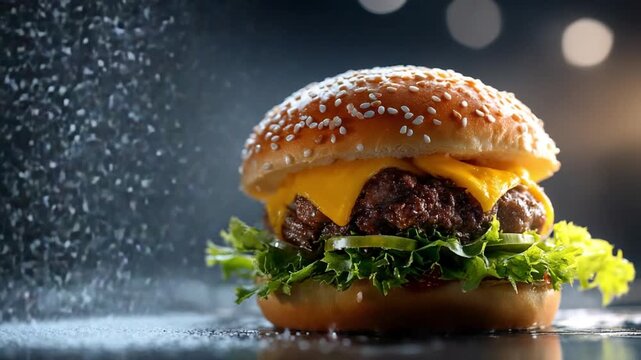 Cinematic juicy cheeseburger with sesame bun, dramatic lighting, dark background and soft spotlight, professional fast food advertising photography