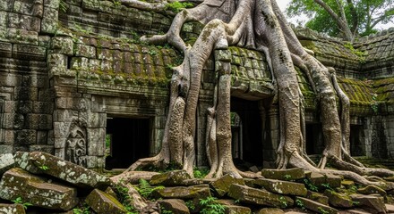Naklejka premium Majestic ancient temple ruins covered by massive tree roots in a dense jungle, showcasing historical architecture reclaimed by nature.