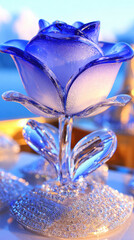 Blue and White Glass Rose on Glitter Base