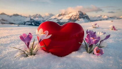 Fototapeta premium Red Heart Among Delicate Crocuses: A Symbol of Love's Resilience Amidst the Snow-Dusted Mountains, Offering a Touch of Warmth and Romance in a Winter Landscape
