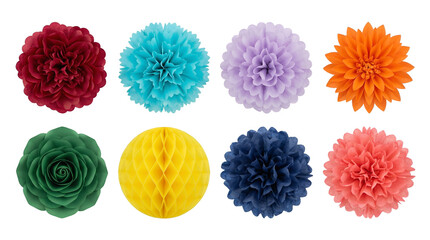 Colorful paper flower set including dahlia, rose, honeycomb, and pom pom styles isolated. Party decoration and floral craft collection.