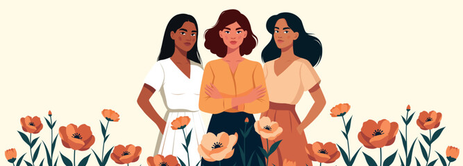 Vector banner with space for text for Women's Day, March 8. Women of different cultures, skin colors stand together surrounded by flowers. Support, movements for gender equality, women's empowerment