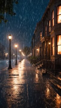 Night street scene, heavy rain, glowing street lights illuminate brick houses and wet pavement